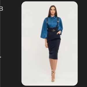 BGL Office High Waist Navy Skirt with Straps